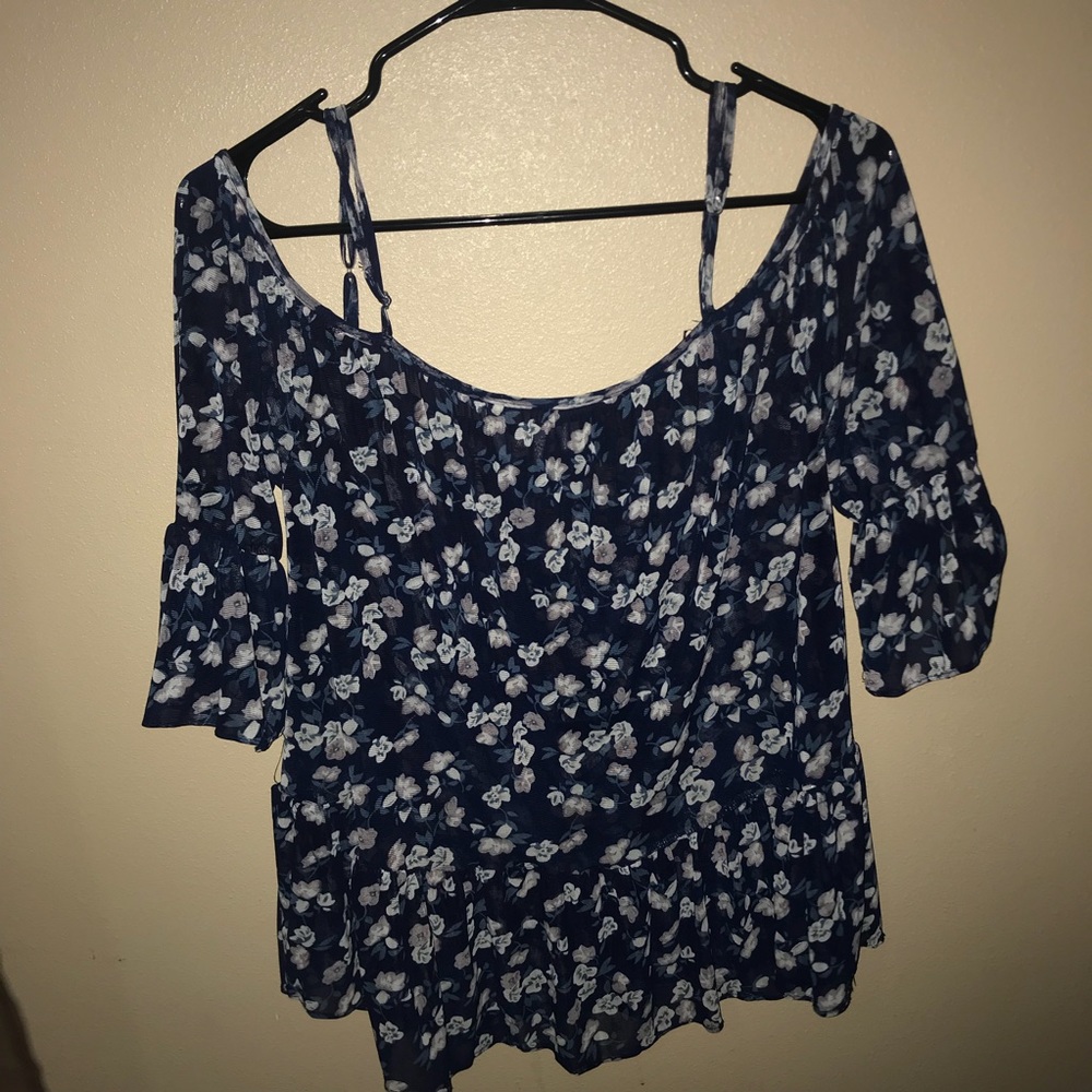 blue floral off the shoulder blouse